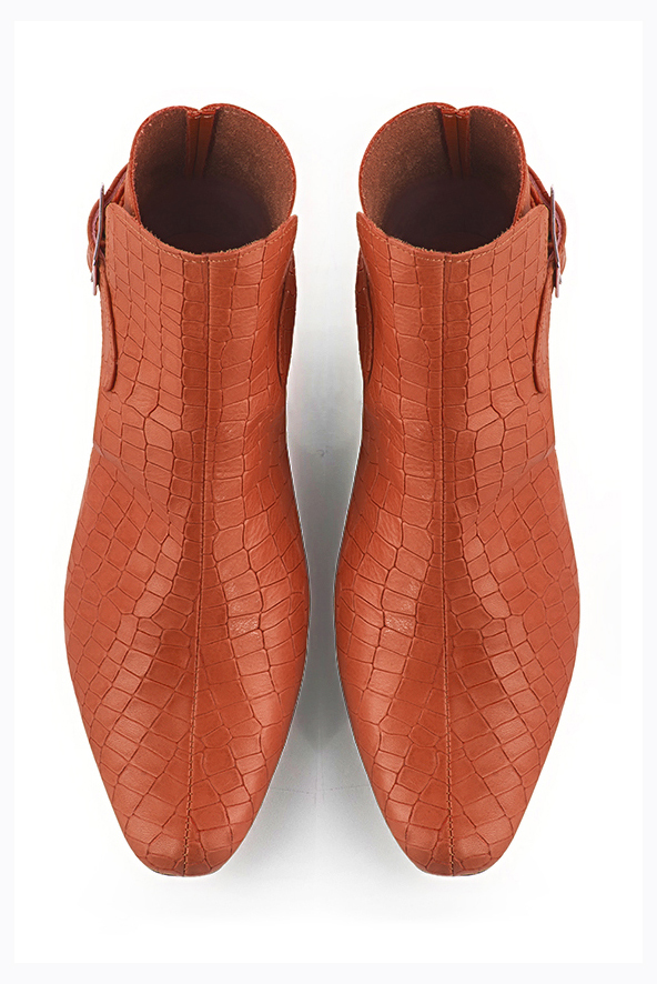 Terracotta orange women's ankle boots with buckles at the back. Round toe. Low block heels. Top view - Florence KOOIJMAN